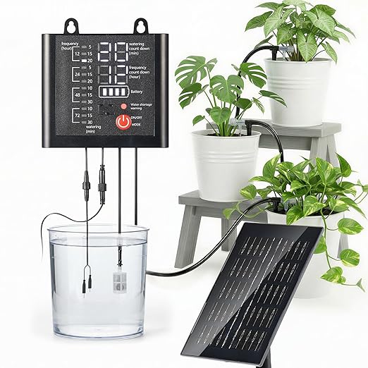Solar Drip Irrigation System with USB Charging, 49FT Plant Watering Devices for 15 Potted Plants, Automatic Watering System IP44 Waterproof 2200mAh for Garden Farm Greenhouse(Black)