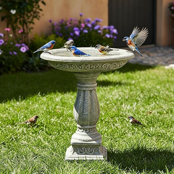 SKYFIRE 23.8" Tall Pedestal Bird Bath for Outdoor, Antique Weathered Concrete Birdbath with Decorative Carving, Durable Freestanding Fiber-Reinforced Cement Bird Bath for Garden, Patio, Lawn, Backyard