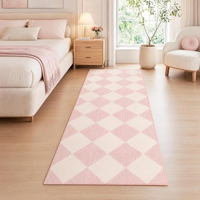 GarveeHome 2x6 Checkered Washable Runner Rug Girls Bedroom Pink Non Slip | Kitchen Runner Diamond Print Entryway Rug Thin Laundry Mat Stain Resistant Carpet for Bathroom Beside Mat