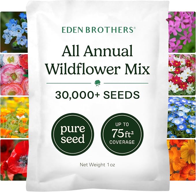 Eden Brothers All Annual Wildflower Mixed Seeds for Planting, 1 oz, Seeds with Sunflower, Indian Blanket, Scarlet Flax | Attracts Pollinators, Plant in Spring, Zones 3, 4, 5, 6, 7, 8, 9, 10