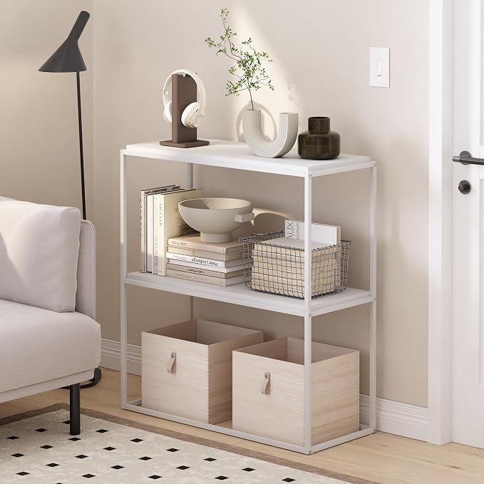 Furinno Moretti Modern Storage Shelves, 2-Tier Wide Stackable Book Shelf, Open Shelves, for Organization and Storage, Living Room, Garage, Home Office, Solid White