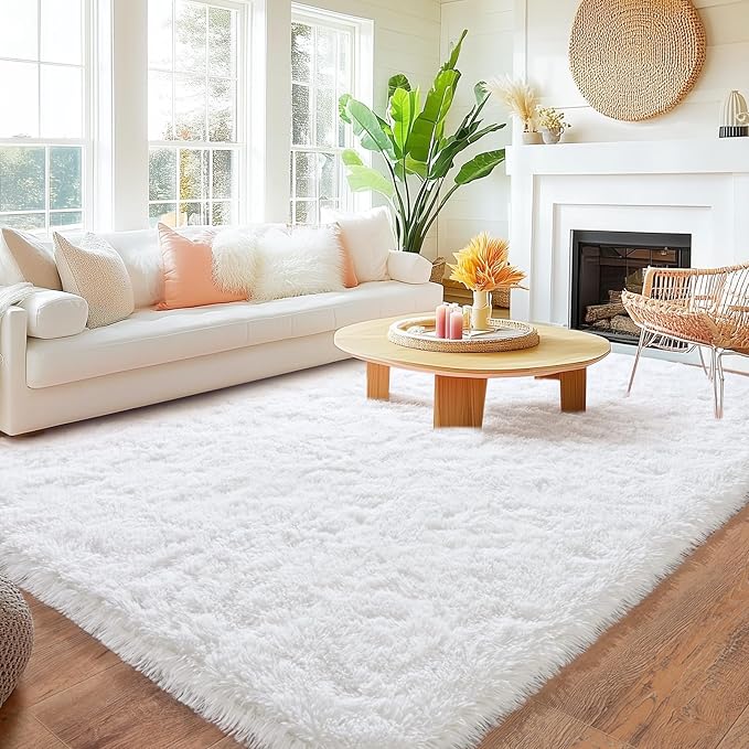 White Rugs for Bedroom, Ultra Fluffy Fuzzy Shag 5x7 Area Rug for Living Room, Modern Plush Soft Upgrade Non-Slip Carpet for Kids Girls and Boys, Dorms, Nursery, Home Decor Aesthetic