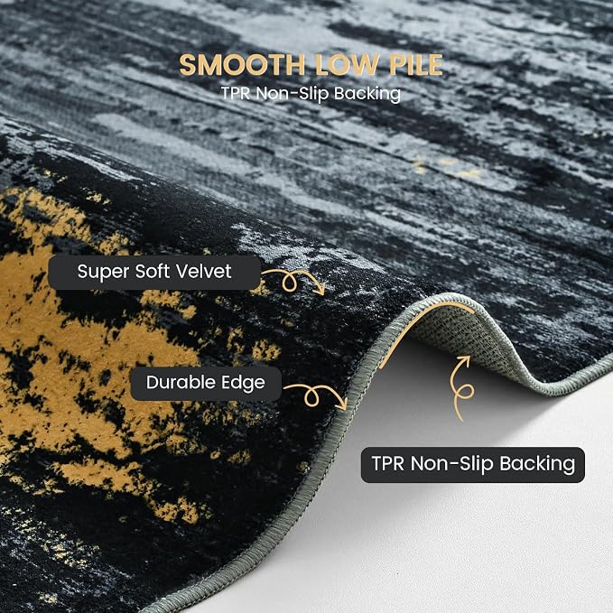 Toneed Washable 2x6 Non-Slip Abstract Runner Rug for Hallway Kitchen | Soft Modern Low Pile Area Rugs for Bedroom Laundry Living room,Indoor Carpet for Bedside Home Decor, Black
