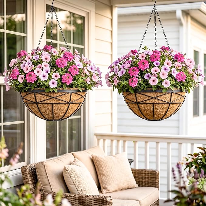2 Pack 16 Inch Hanging Planters for Outdoor Plants Metal Wire Flower Baskets with Coco Liner & Plastic Saucer Large Deep Hanging Plant Pots for Porch Balcony Garden Décor