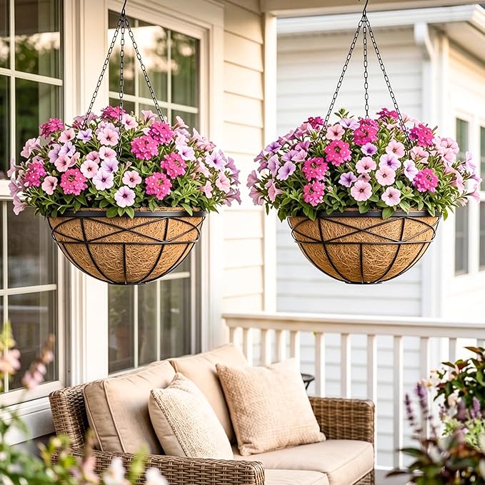 2 Pack 20 Inch Extra Large Deep Hanging Planters for Outdoor Plants Watering Hanging Baskets Flower Pots with Coco Liners Metal Hanging Plant Holder for Porch Balcony Garden Decor