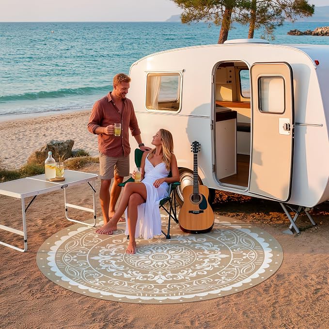 Pauwer Waterproof Outdoor Rug 8ft, Reversible Plastic Straw Patio Camping Rug, Indoor Outdoor RV Mat Carpet for Deck, Camper, Porch, Balcony, Backyard, Picnic, Paisley Brown