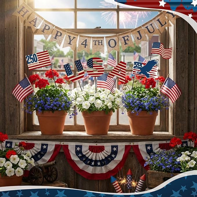 Pickmesh 6 Pcs 12" H 250th Anniversary Outdoor Decor 4th of July Patriotic Eagle Metal Yard Sign Red White Blue USA Flag Garden Stake American Yard Sign for Independence Day Decoration