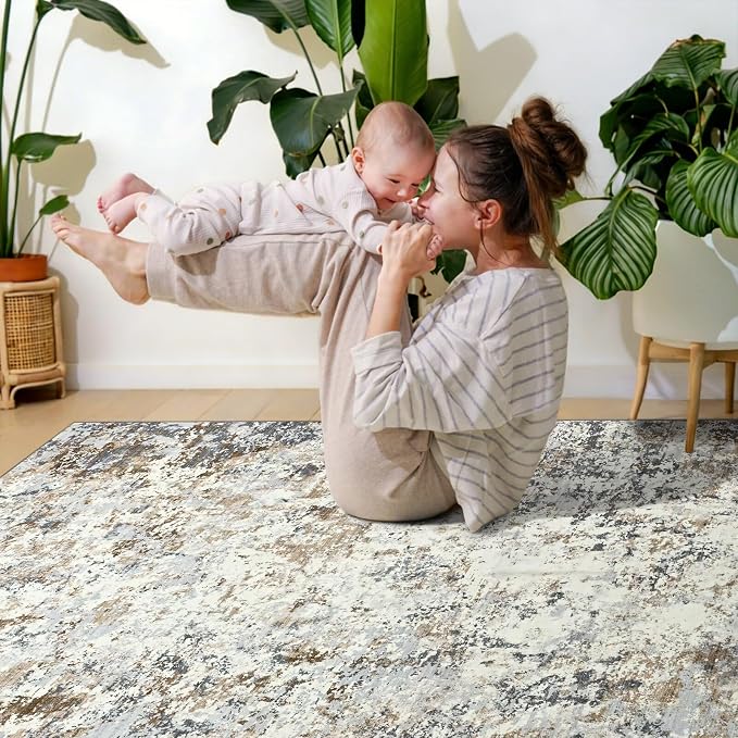 Toneed Washable 6x9 Area Rug with Non-Slip Backing for Living Room | Abstract Modern Rugs, Soft Low Pile Carpet for Bedroom Kitchen Dining Room Nursery Indoor Floor Home Decor, Brown Grey Gold