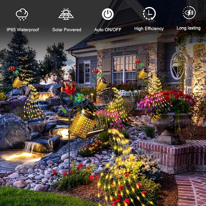Solar Lights Outdoor, Watering Can with Cascading Lights, Watering Can with Hook Solar Lantern, Gardening Decor for Yard Patio, Gardening Gifts for Mom Grandma Women (2 Pack)
