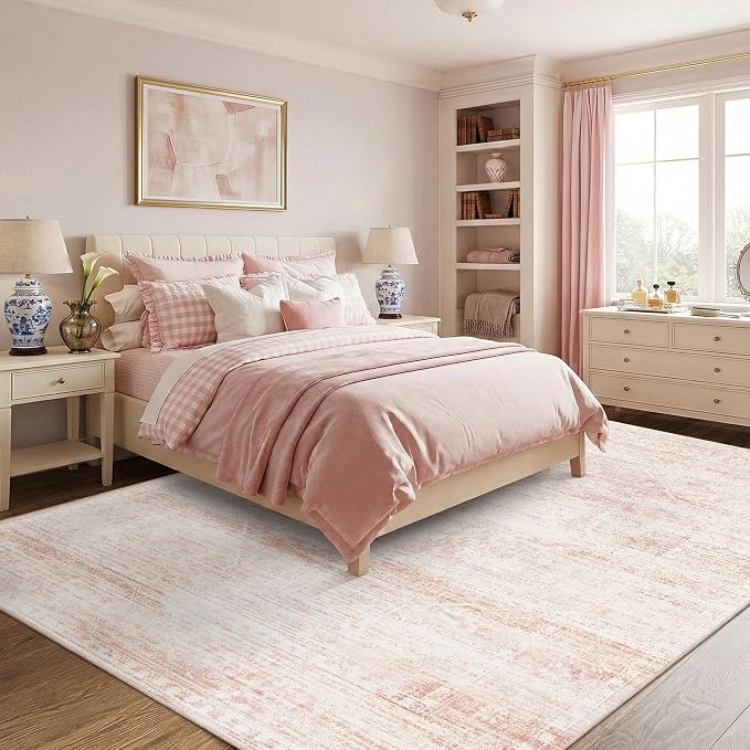 Latte&Fog 8x10 Area Rugs for Living Room Washable Large Pink Rugs Cute | Non Slip Low Pile Soft Floral Carpet for Girls Bedroom Dining Kitchen Kids Playroom Nursery Classroom Dorm Farmhouse Office