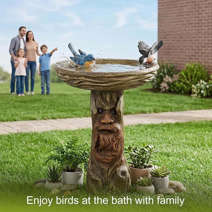 SKYFIRE 24” Tall Outdoor Tree Face Bird Bath -Whimsical Tree Man Pedestal Birdbath Bowl with Bird Figurines for Patio, Lawn, Backyard, Outdoor Decor -19”Dia. Garden Decor Statue Birdbaths for Birds