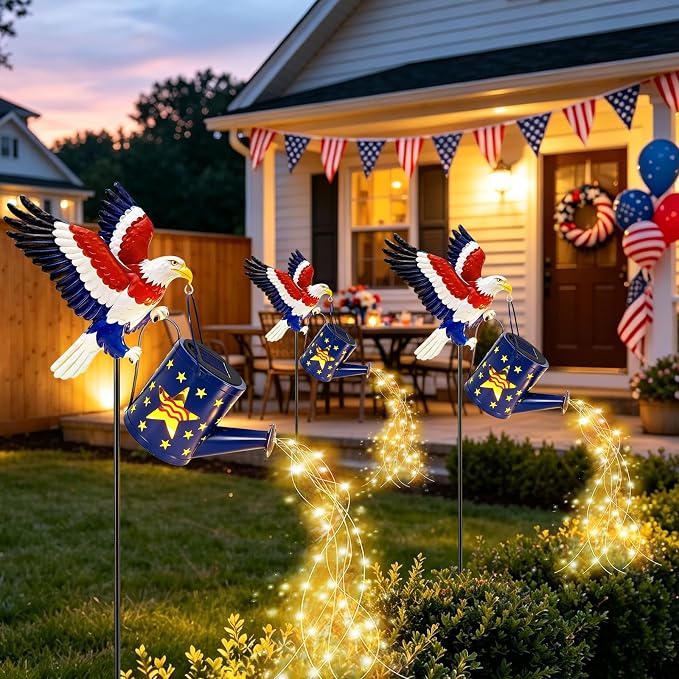 USA 250th Anniversary Solar Eagle Watering Can Lights, 29.9in Metal Eagle with Solar Lights, 4th of July Decorations Patriotic Independence Outdoor for Memorial Day Veterans Day Yard Patio Lawn Decor