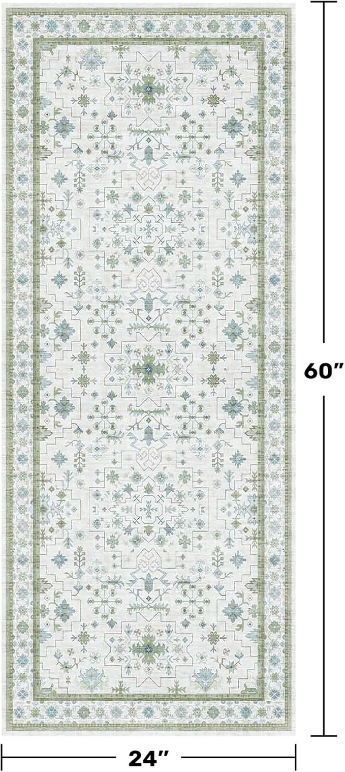 Washable Oushak Bathroom Runner Rug 2x5 - Eclectic Boho Floral Pastel, Non Slip Low Pile Stain Resistant Small Throw Rug for Bedroom, Laundry Room, Powder Room, Cream Green