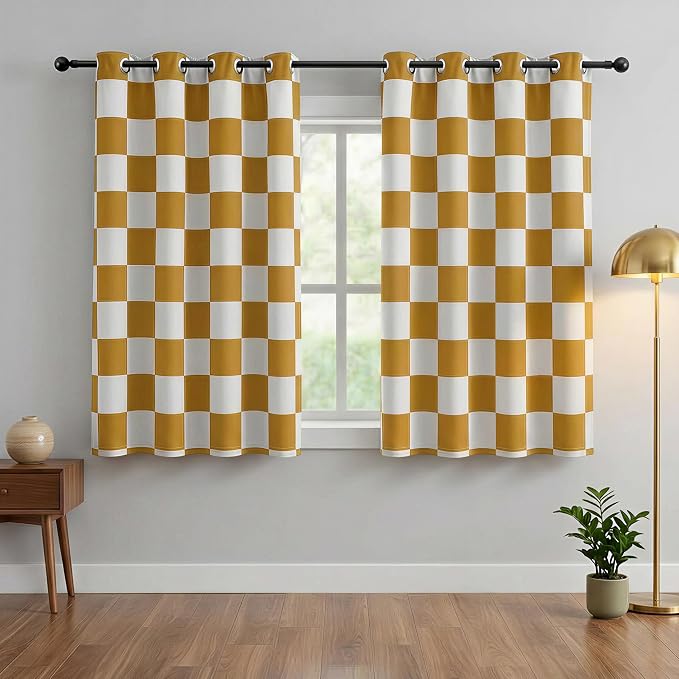 100% Blackout Checkered Curtains – 2 Panels, Each W52×L63, Thermal Insulated, Nosie Reducing for Bedroom, Modern Mustard and White Checkerboard Design