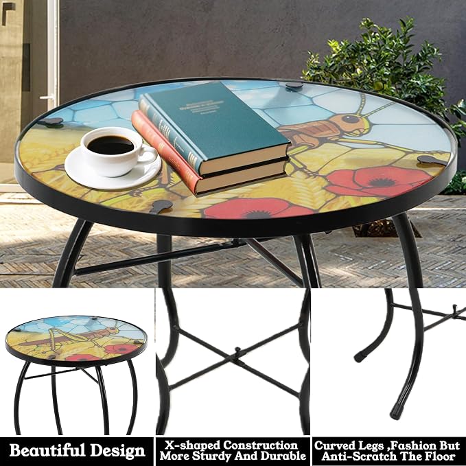 Small Side Table with Metal Frame, 10.5" Round Side Tables with Grasshopper Pattern,Outdoor Table for Balcony,Terrace,Garden,Living Room