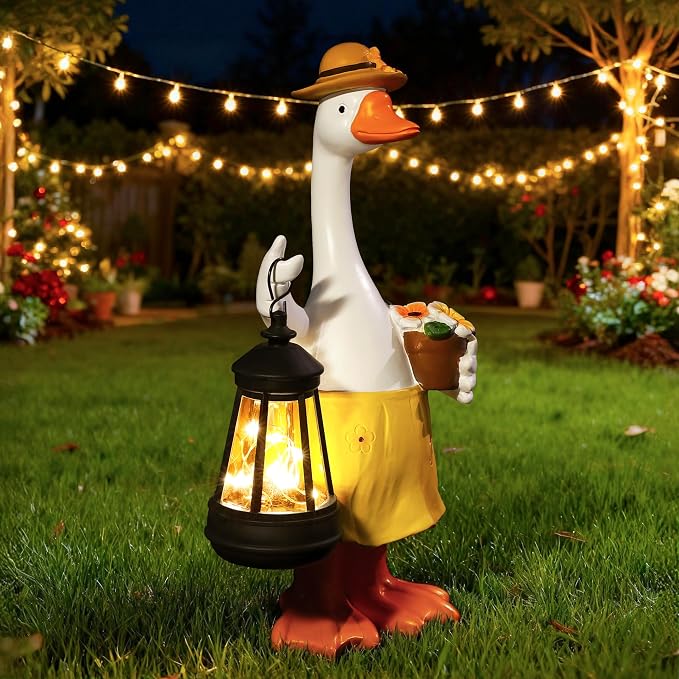 Goose Garden Statues Porch Goose Statues with Solar Lantern Summer Yard Lawn Front Porch Home Outdoor Decoration Duck Mother's Day Christmas Birthday Gifts for Mom Women