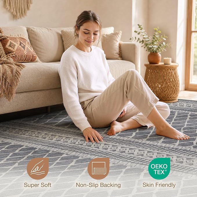 cotiled Boho 8x10 Area Rugs for Living Room: Large Moroccan Washable Rug | Stain Resistan Carpet for Bedroom Farmhouse Dining Room Grey