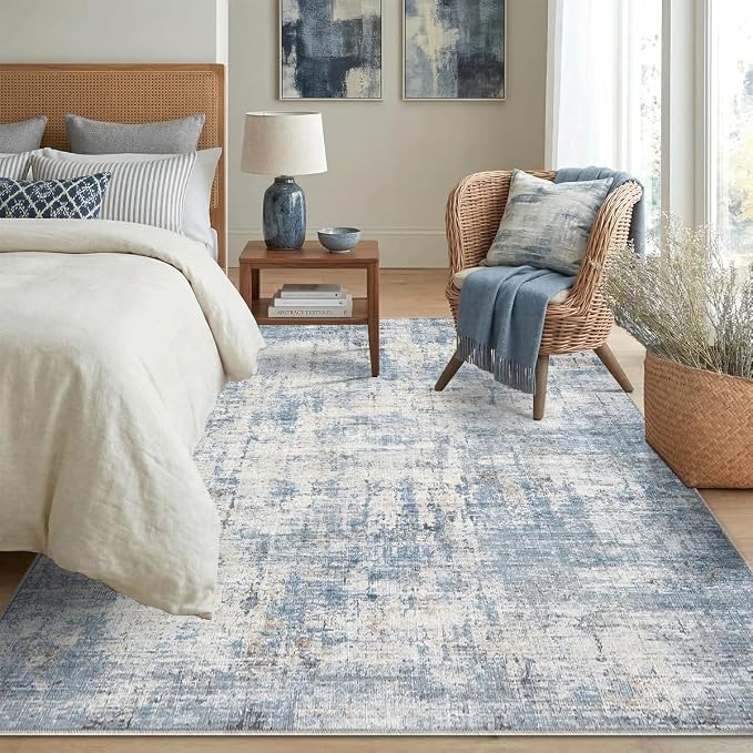 Washable 4'x6' Abstract Area Rug for Bedroom Living Room Blue White | Modern Carpet For Bedroom Kitchen Office Hallway Entryway Printed Pattern Home Decor Non-Slip Stain-Resistant Easy To Clean