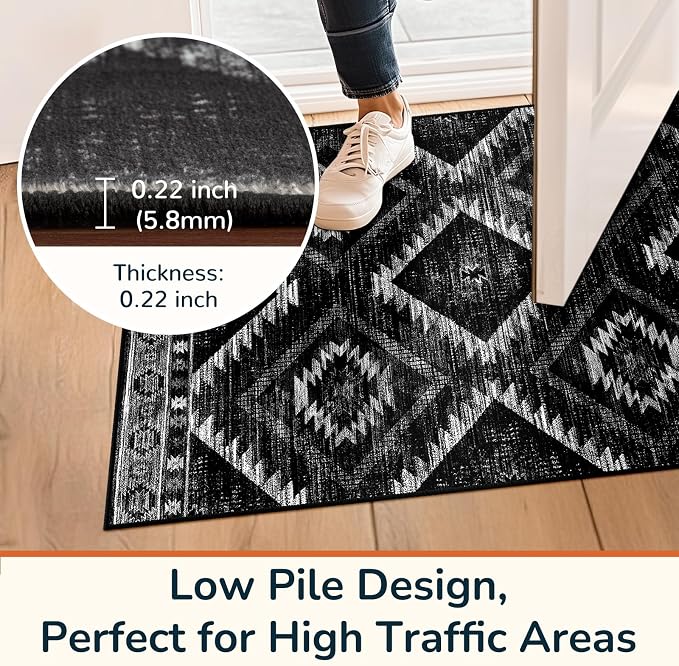 2'x4' Washable Area Rug for Living Room Bedroom Black | Soft Western No Slip Low Pile Print Foldable Indoor for Kitchen Dining Room