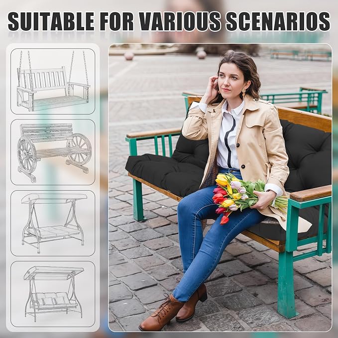 Porch Swing Cushions 3 Seater Replacement Thicken 5" Waterproof & Fade Resistant Swing Cushions for Outdoor Furniture Bench Patio Swing Cushion with Backrest & Ties(Black 60x40x5inch)
