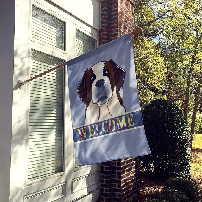 Caroline's Treasures BB1432CHF Saint Bernard Welcome House Flag, Blue Large Porch Sleeve Pole Decorative Outside Yard Banner Artwork Wall Hanging, Polyester, House Size, Multicolor