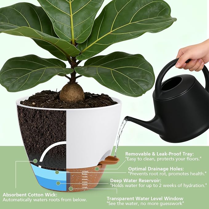 Self Watering Pots with Water Level Indicator, 12" 10" 9" 8" Large Plastic Flower Pots with Mesh Drainage Hole and Removable Saucer Reservoir for Indoor Outdoor Plants (White)