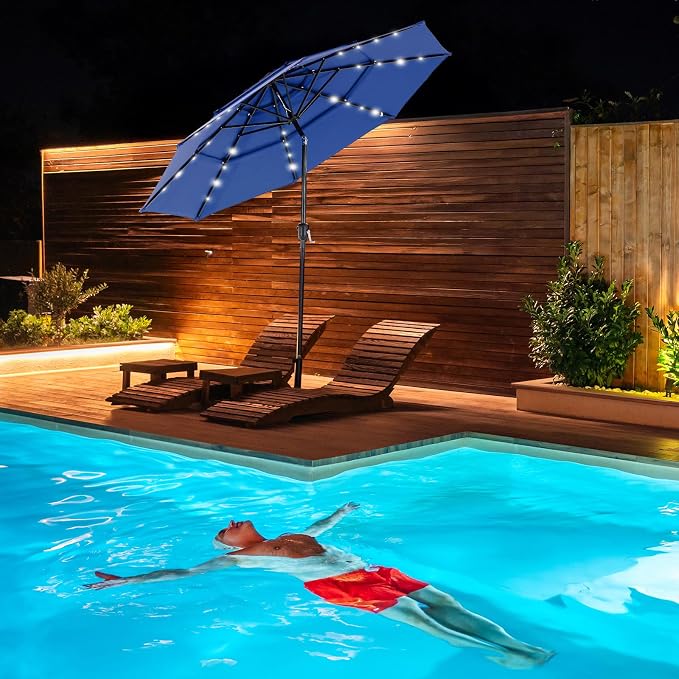 DUMOS Outdoor Solar Patio Umbrella 3 Tiers with 32 LED Lights, Beach Market Table Umbrella with Crank and 8 Sturdy Ribs for Pool, Terrace, Restaurant