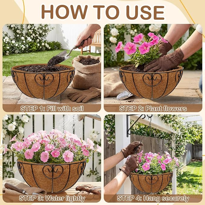14 inch Metal Hanging Baskets for Plants Outdoor, 4 Pack Metal Wire Hanging Basket Planter with Coco Liner Flower Pots for Indoor Outdoor Garden Porch Patio, Heart-Shaped
