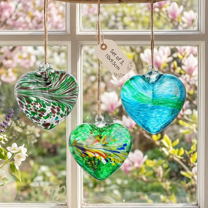 Set of 3 Blown Glass Heart Ornaments Hanging Green Gazing Balls for Outdoor | Hand-Blown Craftsmanship, Easy-Hang Lanyard Design for Indoor & Outdoor Hanging