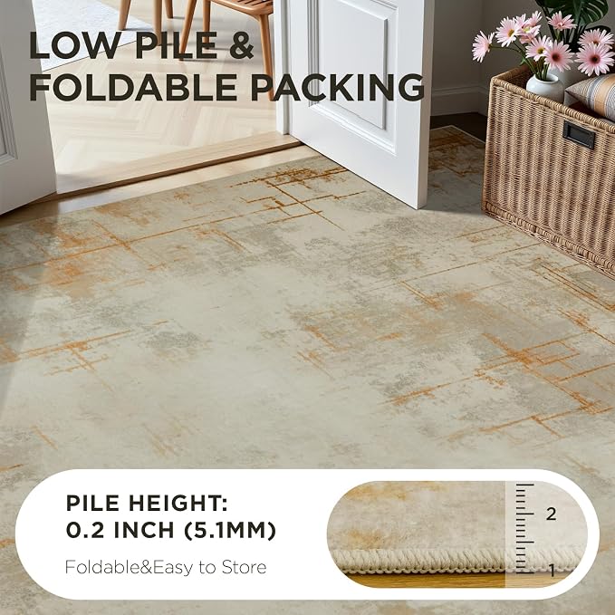 Joydeco 5x7 Area Rugs for Living Room, Washable Modern Abstract Non Slip Soft Rug, Low Pile Carpet for Bedroom, Dining Room, Home Office, Pet & Child Friendly, Light Brown & White&Beige
