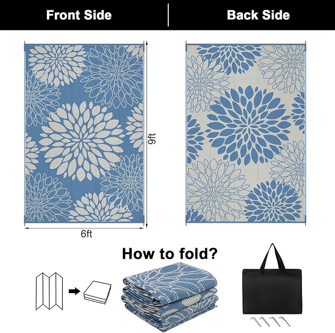 Ileading Waterproof Outdoor Rug 6x9, Reversible Plastic Straw Patio Rug, Portable Indoor Outdoor RV Camping Mat Carpet for Deck, Porch, Balcony, Backyard, Picnic, Floral Dusty Blue