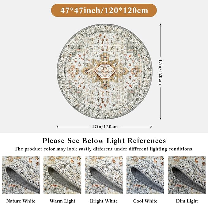 Moynesa Washable Round Rug 4ft, Vintage Medallion Area Rug Distressed Neutral Circle Rug, Soft Non Slip Low Pile Carpet for Living Room Bedroom Dining Room Nursery, Beige/Gold