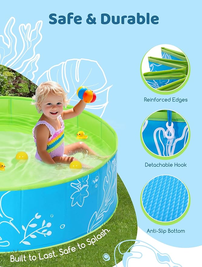 Hikiddy Foldable Kiddie Pool with Canopy, 47in, Blue-Green | for Baby Toddler Kids Pets - Summer Water Play Pool with Removable Shade - Portable for Outdoor Backyard Beach
