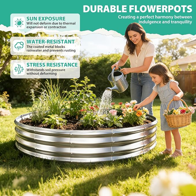 YSEJOMP 6FT Diameter Galvanized Garden Raised Bed/Plant Box/Fire Pit Ring-0.8mm Thick,12 Inch Tall,Crimped Edge and Corner,No Sharpe,Perfect for Plantings (Silver, 72 Dia X 11.5 inches)