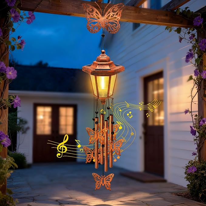 Large Solar Butterfly Wind Chimes, Gift for Women Mom Grandma Wife Sister Daughter Neighbor, Classic Bronze Wind Chimes With Wind Catcher, Solar Decor Lights For Outdoor Garden Patio Yard Porch Window