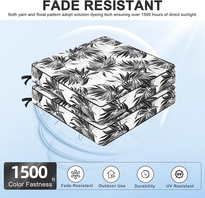 Favoyard Outdoor Chair Cushion 19 x 19 x 3 In Waterproof Pattern Fade Resistant Cushions for Patio Furniture with Removable Cover Attach Straps 28D Foam Insert Cushions Pads for Seat Sofa Couch 2 Pack