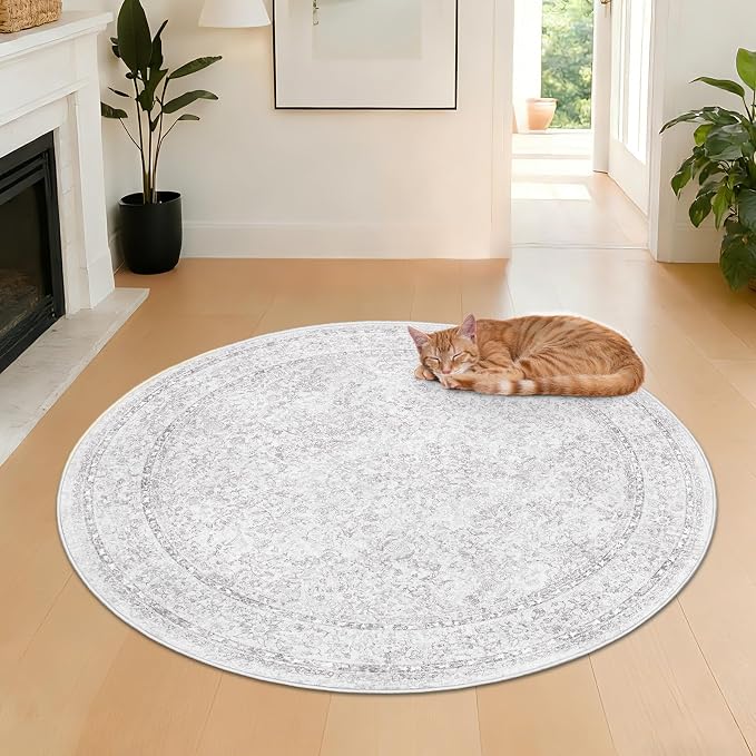 Round Rugs 4ft Vintage Floral Small Circle Rug, Washable Non Slip Soft Low Pile Stain Resistant Carpet for Living Room Bedroom Entryway Dining Room (FloralGrey, 4' Round)