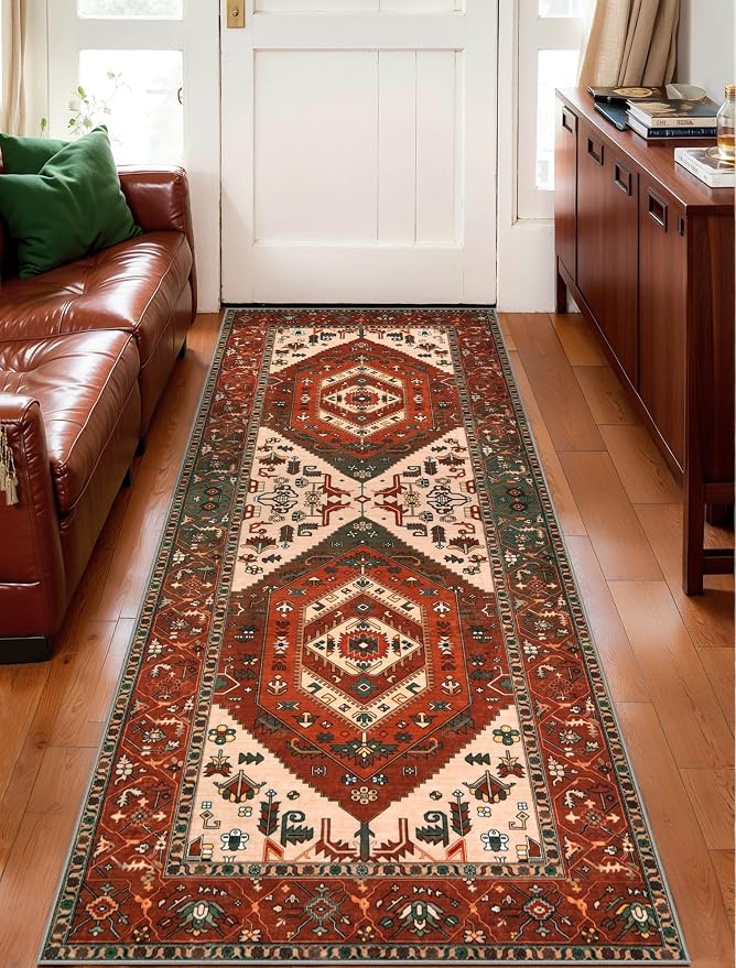 SERISSA 2x5 Washable Non Slip Boho Runner Rug for Hallway | Ultra Soft Vintage Oriental Carpet Low-Pile Terracotta Green Floor Carpet for Kitchen Bedroom Bathroom Laundry Living Room