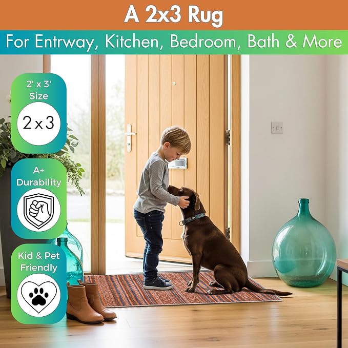 Sacred Artisans Boho 2x3 Rug for Entryway, Kitchen, Bathroom and Indoor Entrance | Washable, Non Slip, Pet Friendly and Low Pile (Kilim, 2' x 3')