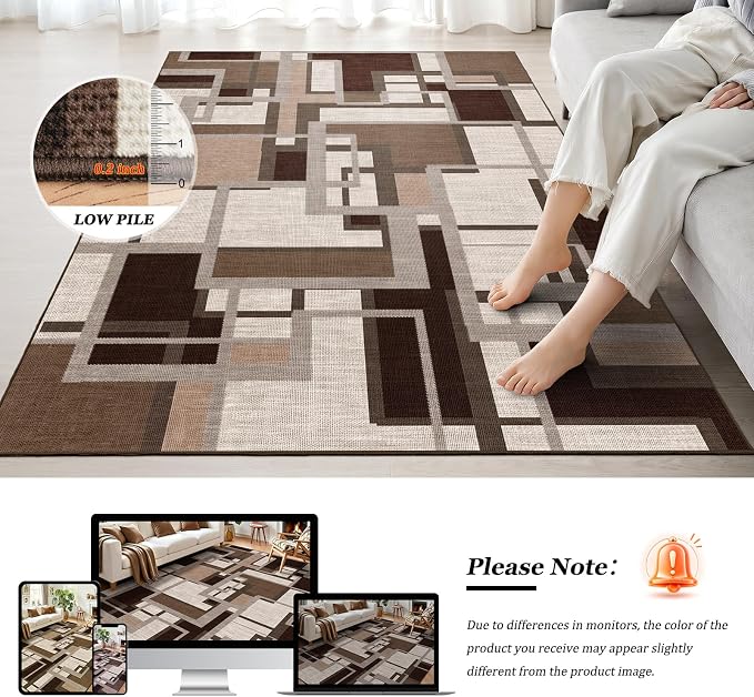 Modern Geometric 8x10 Area Rugs for Living Room, Coffee Brown Washable Rug | Contemporary Patchwork Blocks Non-Slip Indoor Carpet for Bedroom Dining Room Office | Abstract Soft Low-Pile Large Rug
