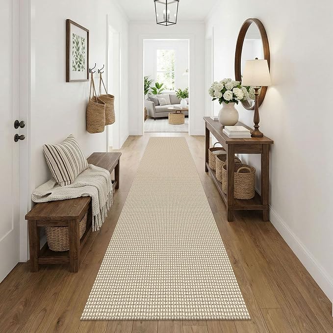 KOZYFLY Cotton Runners Rugs for Hallway 2.5'x10', Washable Runner Rug, Woven Non Slip Kitchen Runner, Braided Entryway Rug, Floor Carpet for Entry, Aisle, Hall, Ivory/Camel/Brown