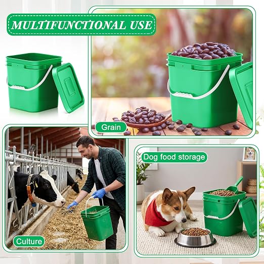 Mumufy 8 Pcs 3.5 Gallon Square Food Grade Bucket with Lid Square Bucket Pail Plastic Handles for Long Term Food Storage, Camping, Fishing, Home Organization Easy Stack and Store (Green)