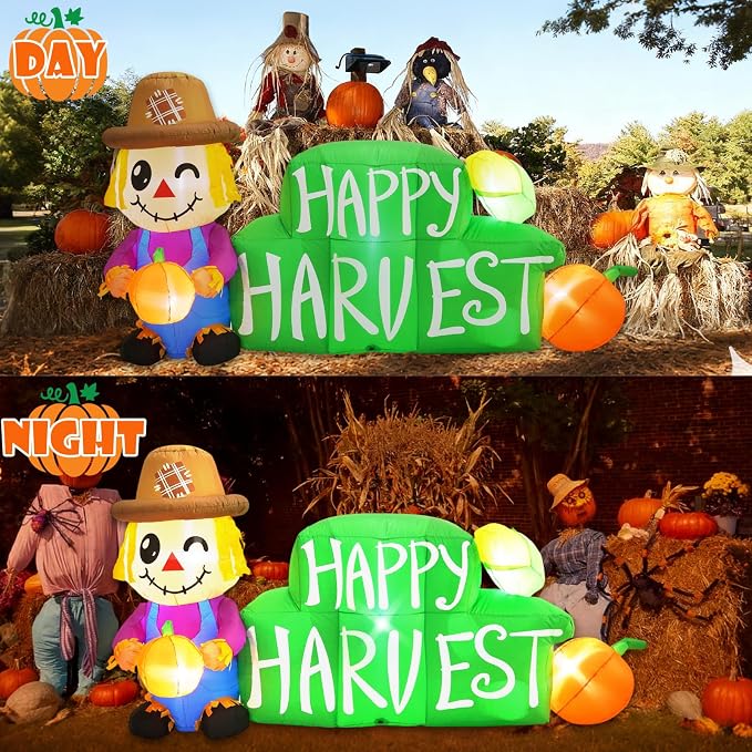 8FT Long Fall Inflatables Outdoor Decorations, Inflatable Scarecrow and Road Sign Pumpkin, Built-in LED Fall Autumn Harvest Thanksgiving Inflatables Blow Ups for Outside Yard Garden Lawn