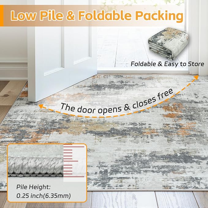 10x14 Area Rugs for Living Room: Washable Soft Grey Abstract Bedroom Carpet | Non-Slip TPE & Stain Resistant,0.25" Low-Pile,Kids Pet Friendly Modern Decor for Dining Room Farmhouse Office, Non-Shedding