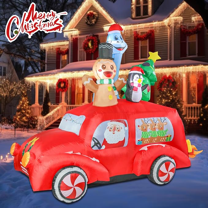 MUMTOP Christmas Car Inflatable-Christmas Inflatable Outdoor Decoration - 7.7 FT Lighted Inflatables Santa Carry Reindeer, Gingerbread, Penguin, Tree and Dinosaur, Blow Up Decor