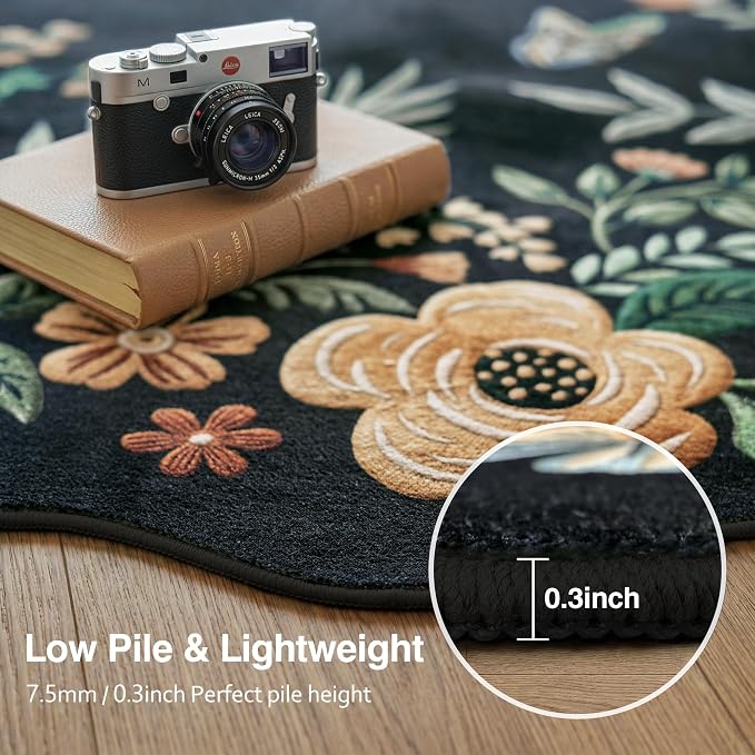 FMFUNCTEX 8x10 Washable Black Floral Vintage Boho Area Rug for Living Room | Soft Flower Colorful Traditional Distressed Non Slip Low Pile Large Indoor Thin Carpet Bedroom Dining Room Nursery,Black/Grey