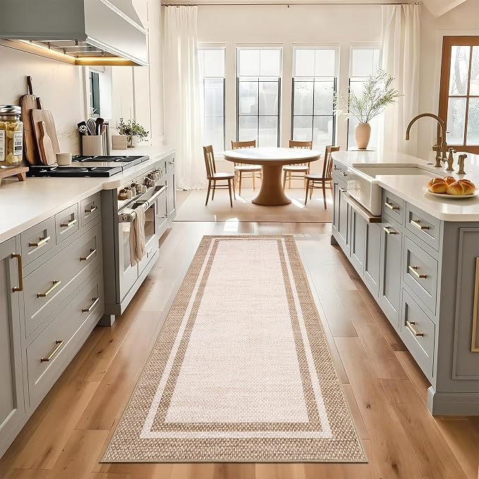 COZYLOOM Modern Border Kitchen Rugs Non Slip Washable 2x6 Runner Rug,Beige | Neutral Solid Color Non Shedding Low Pile Minimalist Stain Resistant Foldable Soft Rug for Bedroom Entryway Hallway Bathroom