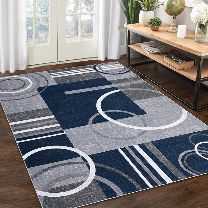 RUGSREAL Washable Rug 4x6 Abstract Circles Area Rugs Non Slip Floor Carpet | Contemporary Soft Rug Low Pile Accent Rugs for Indoor Living Dining Room