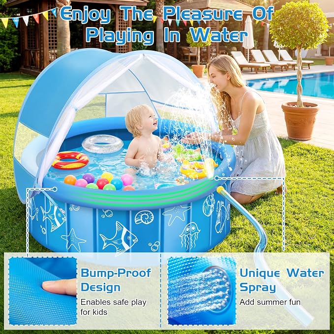 KJX Baby Pool with Canopy Sprinkler, 47in Foldable Kiddie Pool with Tent | Pop Up Baby Beach Tent with Mosquito Net and Sun Shade Canopy, Portable Toddler Kids Small Pool for Backyard Beach Outdoor