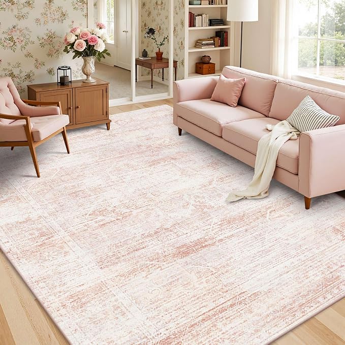 Latte&Fog Pink Rugs for Girls Bedroom Washable Cute Floral 6x9 Area Rug | for Dining Kitchen Kids Nursery Playroom Guest Room Classroom Dorm Farmhouse Office, Non Slip Low Pile Soft Floral Carpets